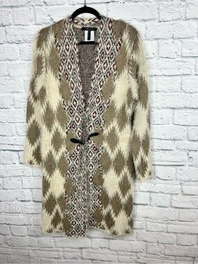 BCBG Max Azria Fuzzy Long Cardigan Sweater Aztec Toggle Open Front Small
